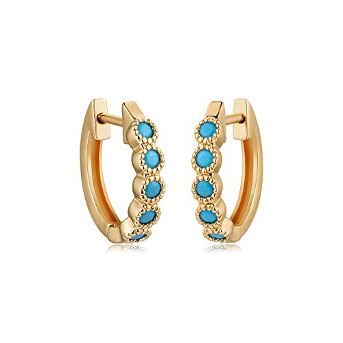 MYEARS Women Huggie Hoop Earrings Gold Ear Stud Cuff Round Turquoise Inlay Flower 14K Gold Filled Small Boho Beach Simple Delicate Handmade Hypoallergenic Jewelry Gift