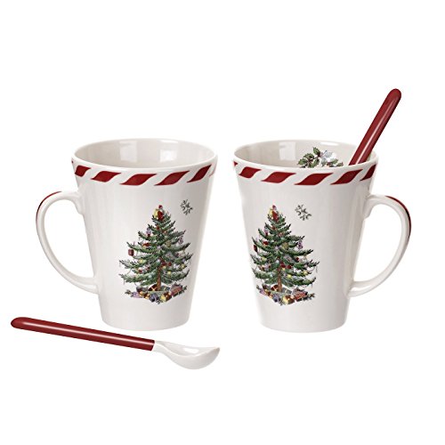 Spode Christmas Tree Peppermint 14oz Mug & Spoon Set (4-Piece) - Festive Earthenware with Candy Cane Motif, Mug for Hot Chocolate, Coffee, Holiday Mornings - Christmas Drinkware