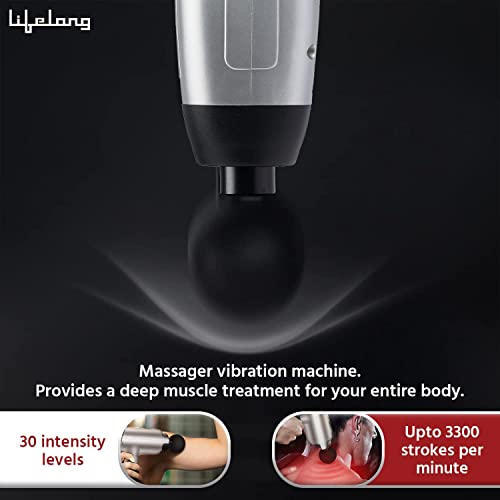 Image of Lifelong Gun Massager | Percussion for Full Body Pain Relief | 6 Heads | LED Touch | 30 Speed Levels | 1 Year Warranty (LLGM18, Silver)