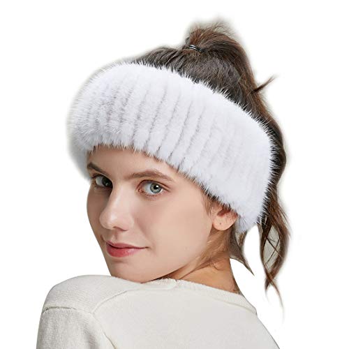 URSFUR Women's Real Fur Headband Knitted Mink Stitched Ear Warmer Headwear,White