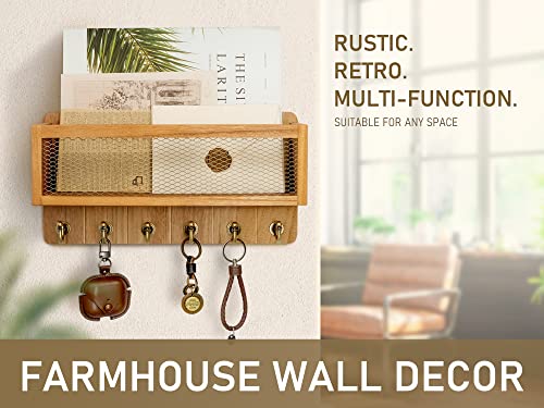 Rebee Vision Farmhouse Key And Mail Holder For Wall With Mesh Mail Basket : Decorative Mail Organizer Wall Mount With 6 Retro Key Hooks - Rustic Home Decor For Entryway, Mudroom, Hallway (Light Brown) #TOP1