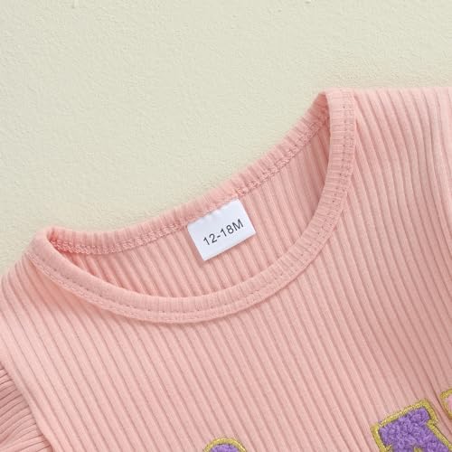 Baby Birthday Girl Outfit Birthday Girl Print Ribbed Ruffle Sleeve Shirt Solid Flare Pant Leggings Fall 2pcs Clothes4