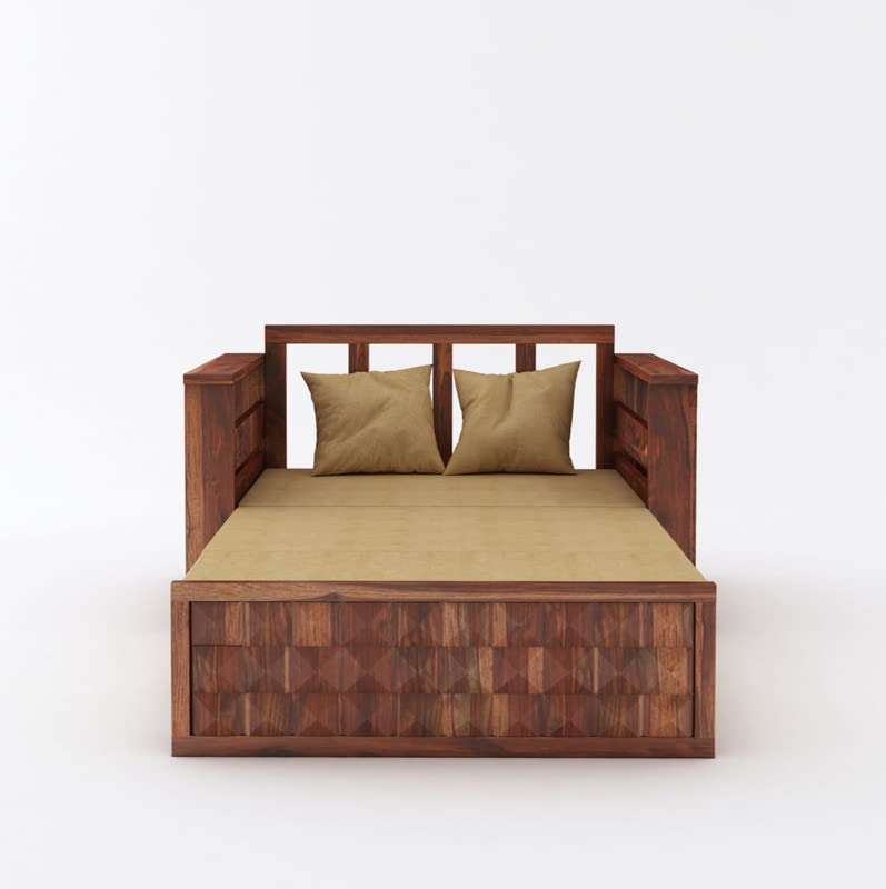 Image of Solid Sheesham Wood 2 Seater Diamond Sofa Cum Bed for Living Room with Storage and Side Pockets Couch Diwan Wooden Bedroom Furniture Two Seater Sofa for Home Hall and Office (Honey Finish)