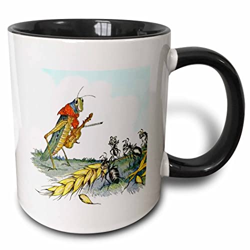 3dRose Vintage In Color Ant n The Grasshopper 11oz Two-Tone Black Mug