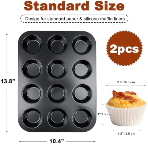 Muffin Pan & Cupcake Pan Set, 2 Pack 12-Cup Muffin Pans for Baking with 120 Cupcake Liners, Nonstick, Heavy-Duty Steel, Scratch-Resistant, Easy Release for Family & Party Baking (Black) - Thumbnail 3