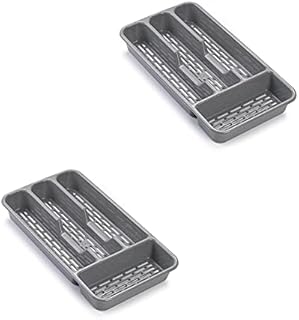 Pack of 2 Large Plastic Cutlery Tray 4 Compartments Kitchen Tidy Organiser Flatware Organiser Strong Plastic Drawer Sliding Tidy (33 X 17.5 X 4.3cm - Slim, Light Grey)