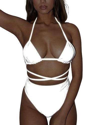 Reflective Rave Outfits for Women - Sexy Festival Halter Triangle Top High Waist Thong EDM Night Metallic Bikini Set