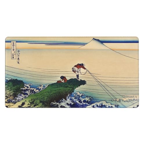 MTG Playmat TCG Desk Mat with Stitched Edges & Non-Slip Rubber Base Japanese Ink Painting Fishing Smooth Card Game Playmat for CCG Tabletop Gaming 23.5" x 13.7"