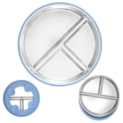 Image of RENVA Stainless Steel Kids Plates Suction Plate for Baby,Divided Toddler Plates with Removable Silicone Sleeves for Mess-Free Feeding, Non-Toxic, Non-Slip (Blue, 1 Plate)