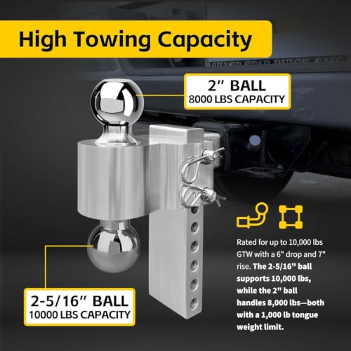 Image of MaxxHaul Adjustable Dual Ball Mount for 2-Inch Hitch Receiver - 6-Inch Drop 7-Inch Rise - Aircraft-Grade Aluminum - Chrome Hitch Balls - 10000 lb GTW Heavy Duty Trailer Towing (50246)