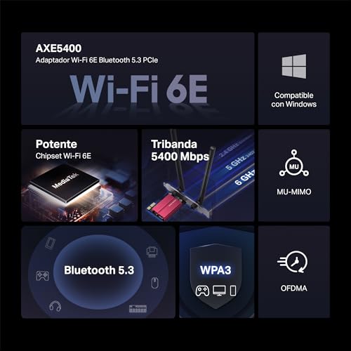[Nuevo] MERCUSYS MA86XE- Tarjeta de Red PCLe AXE5400, Wi-Fi 6E con Bluetooth 5.2, Triple Banda, 6GHz/5GHz/2.4GHz,Compatible con Windows 11 y 10,MU-MIMO,OFDMA, estándar de cifrado WPA3 - imagen 3