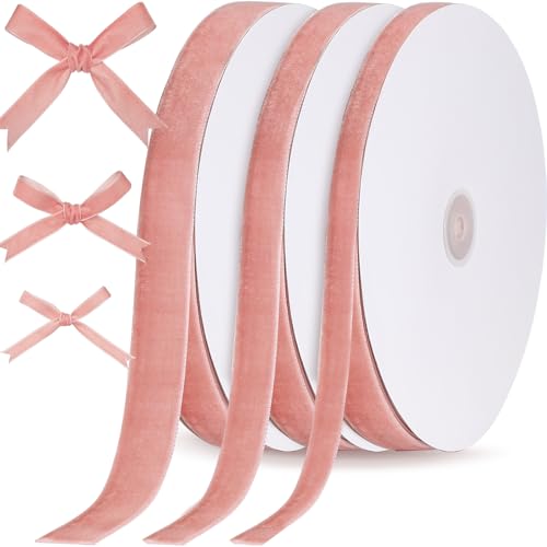 Yilloog 3/8'' 5/8'' 1'' 90 Yards Christmas Velvet Ribbon Vintage Satin Fabric Velvet Ribbon Roll for Christmas Tree Ornaments Decoration Gift Wrapping Bow DIY Crafts (Rose Gold) by Yilloog - Used condition - US$17.04