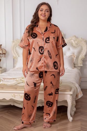 Image of Vozanet Women's Button Down Satin Pajama Sets Silky Short Sleeve Top & Pants Plus Size Loungewear Classic Sleepwear XL to 5XL