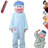 Big Mouth Monster Onesie,Funny Plush Monster Pajamas for Adult,Silly Coral Fleece Onesies,Cozy Hooded Loungewear with Hair (FR/ES, Letras, L, Regular, Regular, Blue)