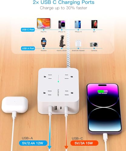 Surge Protector Power Strip, HANYCONY 8 AC Outlets and 4 USB Ports (2 USB-C), 5Ft Flat Extension Cord, Wall-Mountable Outlet Extender, Desk USB Charging Station for Home Office Dorm Room Essentials - Image 3