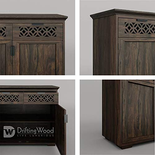 Image of DRIFTINGWOOD Solid Sheesham Wood Sideboard Tv Cabinet for Living Room | Free Standing Movable Tv Unit Side Board Table with 2 Drawer & 2 Door Cabinet Storage Furniture for Home | Walnut