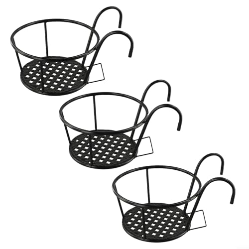 Lawnoval Lot de 3 supports en fer forgé pour pot de fleurs à suspendre pour balcon, clôture, jardin, terrasse, noir
