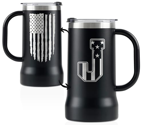 Onebttl Personalized Beer Stein, Beer Mug with Handle - Gifts for Beer Lovers, Men Who Have Everything on Birthday, Christmas - Customized Patriotic US Flag Gifts, Monogram 24 oz Cup, J