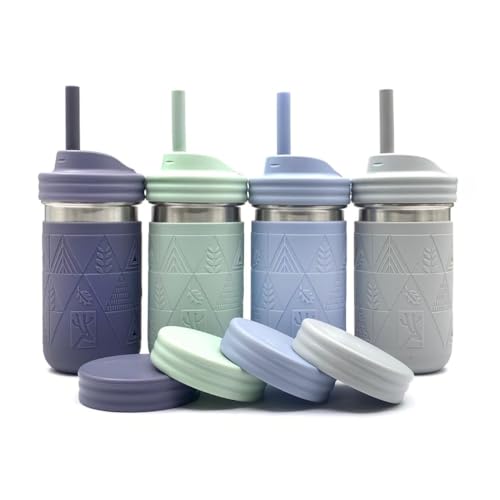 Elk and Friends 14oz Stainless Steel Kids + Toddler Drinking Cups | The Original Mason Jar with Sleeves + Lids | Silicone Straws | Smoothies | Storage Jar | Spill Resistant | Dishwasher Safe | 4 Pack