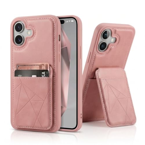 Image of amazon basics Premium Vegan Leather Back Cover with Card Holder and Integrated Mobile Stand for iPhone 16 - Slim Shockproof Wallet Case with Geometric Stitching [Pink]
