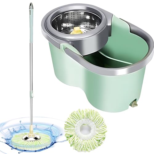 Large Capacity Mop and Bucket Set Built in Wringer, 2 Replacable Mop Head, Deep Wash Microfiber, Retracable and Removable Mop for All Hard Flooring