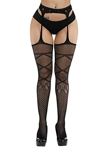 Image of Women's Floral Fishnet Stockings with Attached Garter Belt