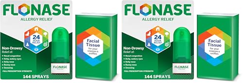 Image of Flonase Allergy Relief Nasal Spray,24-Hour Non-Drowsy Multi-Symptom Relief 144 Sprays,Bonus Pack of Tissues,(Pack of 2)