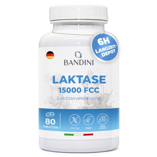 Bandini® Lactase DEPOT 15.000 FCC | 80 Tabletten mit Sofortwirkung und Langzeitlagerung für 6 Stunden | Bei Laktoseintoleranz | Verdauungsenzyme für Milchprodukte | 1 Tablette/Tag für 80 Tage Vorrat