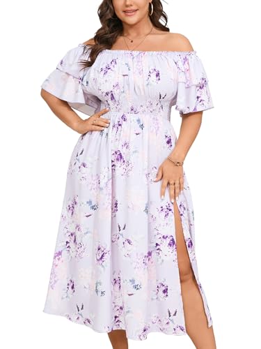 Image of Plus Size Maxi Dress Off The Shoulder Ruffle Smocked Wedding Guest Cocktail Slit Hem Flowy Dresses for Curvy Women