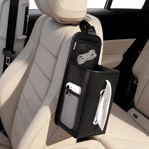 Drsvabze Car Tissue Holder for Kleenex 60/120/160/180 Count,Rectangular Car Storage Box, Side Mount Organizer with 3 Mesh Pockets, Hanging Bag, Waterproof PU Leather, for Front and Back Seat