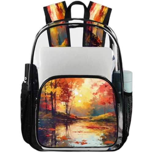 Fall Maple Leaves Clear Backpack for Stadium Events, Autumn Thanksgiving Day Waterproof Clear Bag for Women Men Adult Sport Work Daily Music Festival and Concerts