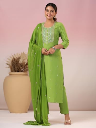 Image of GoSriKi Women's Cotton Blend Embroidered Kurta Set with Pant & Dupatta - Straight Calf‑Length, 3 /4 Sleeve, Round Neck - Elegant Ethnic Attire (5 Colors, S-5XL)