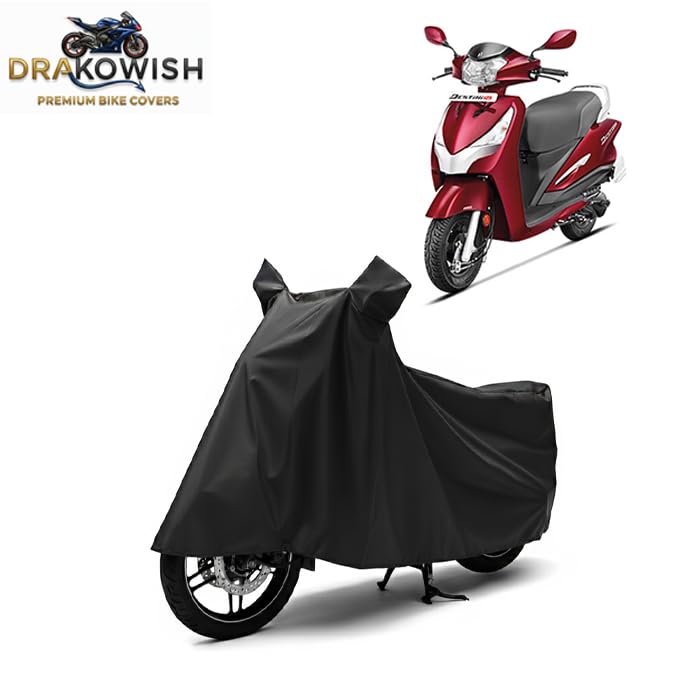 Image of DRAKOWISH Waterproof Scooty Cover for Hero Destini 125 All Weather Protection from Rain, Dust, UV Rays & Scratches with Mirror Pockets & Buckle Belt