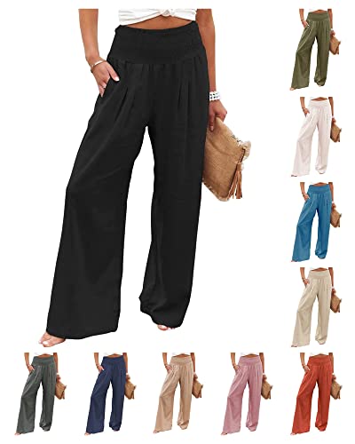 Kubbon Cotton Linen Pants for Women High Waist Smocked Palazzo Pants Casual Wide Leg Lounge Pant Beach Travel Trousers