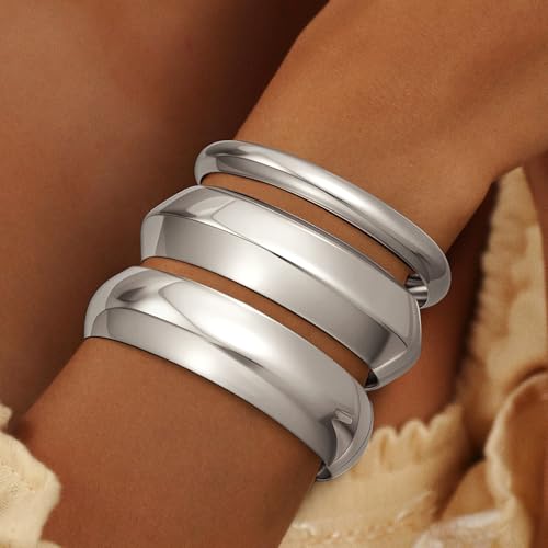 Rcidan Chunky Silver Bangle Bracelets for Women, Dainty 14K Silver Plated Big Stackable Bangles Set, Trendy Cuff Bracelet Stack Fashion Jewelry Gifts — view 3