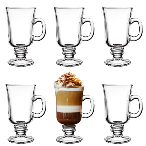 Juego de 6 tazas de café irlandés, tazas de espresso con patas de vidrio de 8 onzas con asas, tazas transparentes para café, latte, capuchino, batido, bebidas frías y calientes