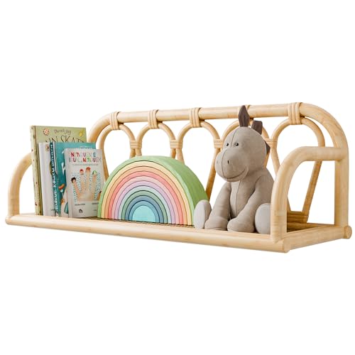 Image of MVPSONAG Rattan Wall Shelf - Natural Boho Wicker Shelf, Decorative Shelves for Nursery Decor,Picture Ledge Shelves, Wall Mail Organizer,Floating Rattan Bookshelf for Office, Bedroom,Bathroom,Kids Room