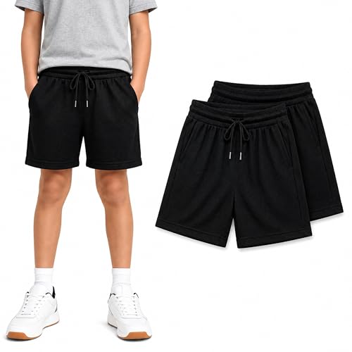 Image of RISH Kids Dri-Fit Sports Shorts for Boys & Girls | Breathable Polyester Activewear Shorts with Elasticated Waist, Drawstring & 2 Side Pockets | Solid Black
