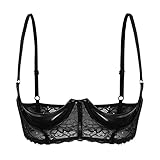 QinCiao Women's Sheer Lace Underwire 1/4 Cups Bra Push Up Shelf Demi Balconette Bras Black Medium