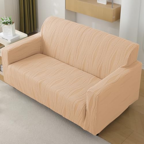 Image of HOKIPO 2 Seater Sofa Cover - 200 GSM Premium Jacquard Stretchable Fully Covered Slipcover,' Nestiva Series' Blush Beige (NEW2-AR-5308-BGE)
