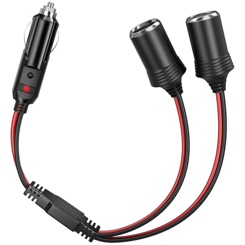 Energeaster 12V/24V Car Cigarette Lighter Splitter 1 to 2 Socket Plug Adapter 16AWG 16Inch Extension Cord with Fuse & LED Power Indicator Fast Charging Vehicle Power Charger for Cars Trucks SUVs