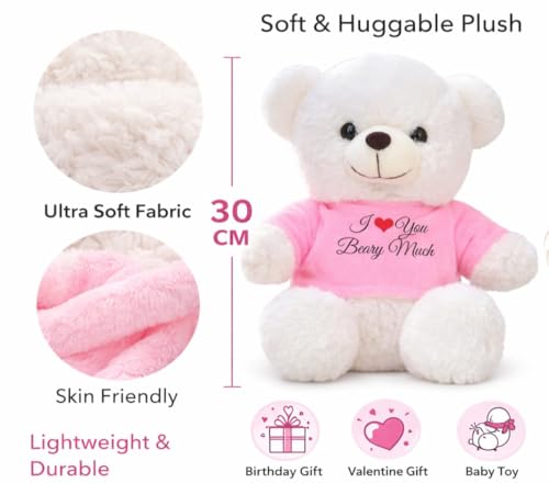 Image of Cute White Teddy Bear with Pink inchI Love You Beary Much inch T-Shirt | Soft Plush Toy for Kids & Girl Friend Gift | Hugable Stuffed Animal | 30 cm