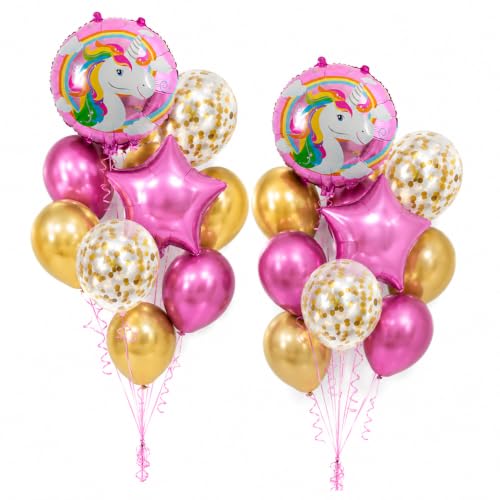 Image of AMFIN (Pack of 20) 17 Inch Unicorn Theme Birthday Balloon Bouquet Pink Multi Chrome Metallic Finish Foil Latex Confetti Women Girls Decoration Item Kit Head Rainbow