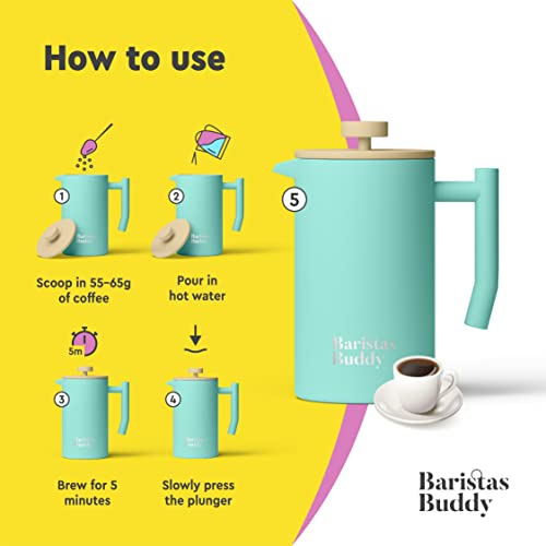 Baristasbuddy French Press Coffee Maker – Double Walled Insulated Coffee Press – 34 Oz Large 4 Cup Coffee Pot And Tea Press - Colorful Teal | Mint Green | Blue #TOP3