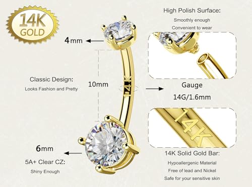 OUFER 14G Solid Gold Belly Button Rings Clear CZ Navel Ring Belly Button Piercing Navel Jewelry 14K Yellow/White Gold Belly Rings4