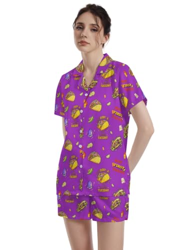 Image of Funny Pajamas for Women Set Print Satin Loungewear Pjs Short Sleeve Button Down Top and Shorts Sets Sleepwear XS-3XL