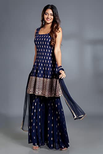 Image of Xomantic Fashion Women's Embroiderd Work Navyblue Color Weding Wear Anarkali Kurta Sharara Set