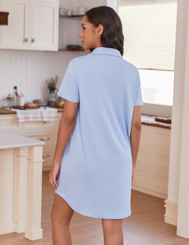 Ekouaer Nightgowns for Women Button Down V Neck Sleepshirt Short Sleeve Nursing Dress Light Blue XXL — view 4