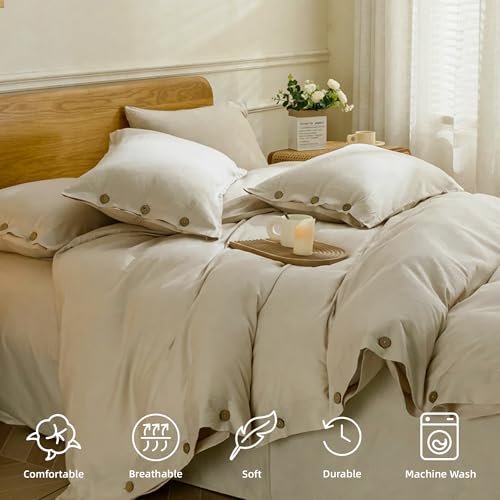 Image of JELLYMONI Cotton Duvet Cover Twin XL Size - Light Khaki Comforter Cover with Button 100% Washed Cotton 2PCS Breathable Soft Solid Bedding Set Duvet Cover 66x92in & 1 Pillowcase (NO Comforter)