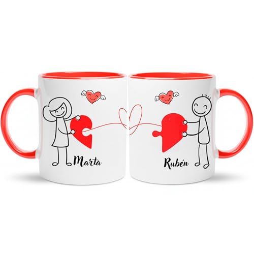 Gifters | Pack Tazas Personalizadas para Parejas con Nombres | Diseño Hilo Rojo del Destino | Interior y Asa Rojos | 325 ml | Regalo Original, Romántico San Valentín y Aniversario | Mujer y Hombre